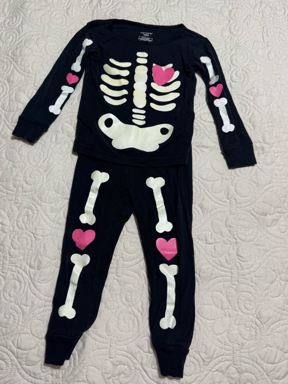 Girls Kids Toddler pink heart skeleton pajama set Halloween glow in the dark 2T